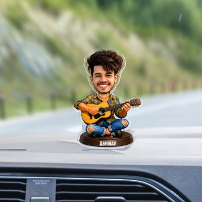 Personalized Bobblehead Caricature with Guitar, Custom Name Stand Home Tabletop Decor Battery Powered Moving Head Feature Gift for Guitar Lover